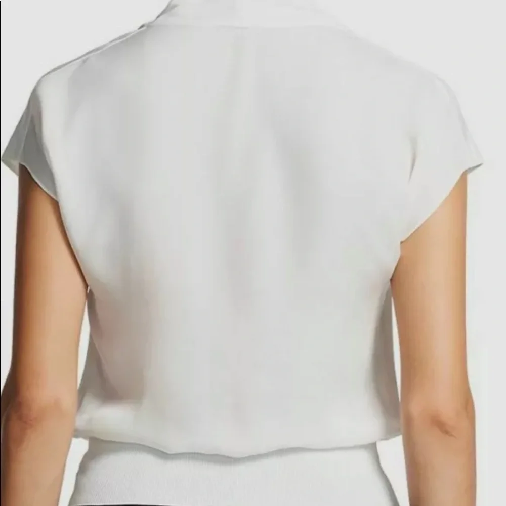 Theory white check mock neck cap sleeve silk drape shirt in large - Picture 3 of 5